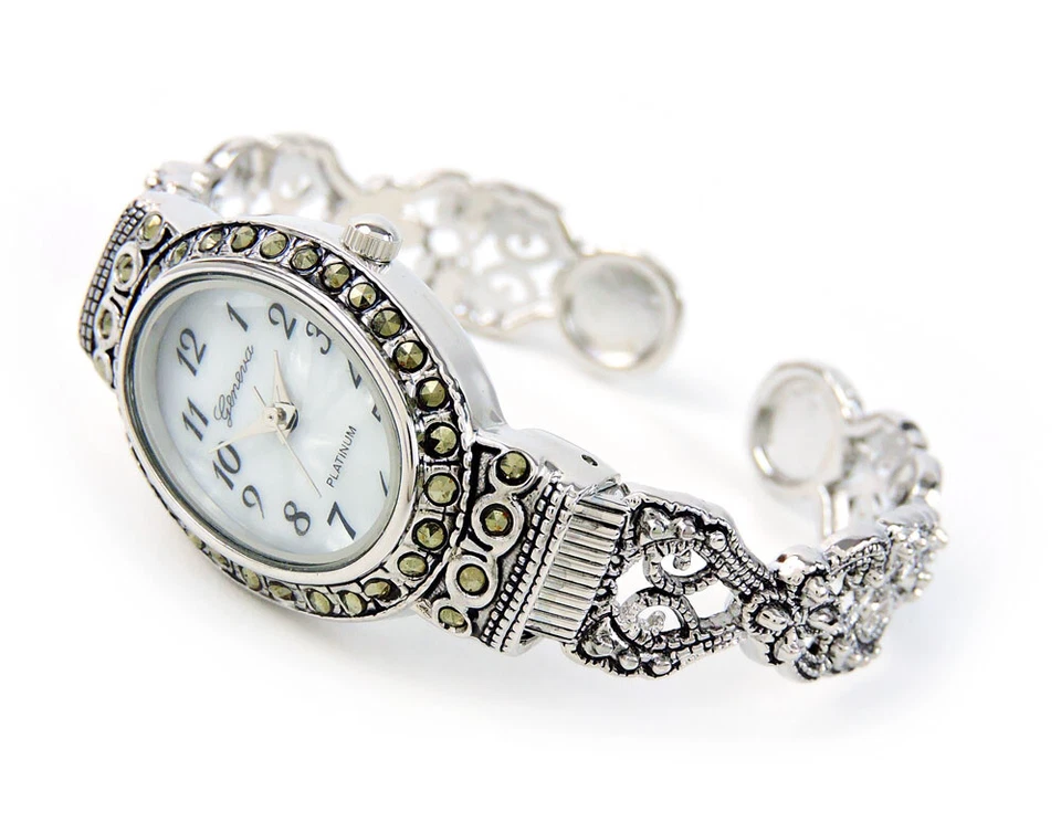 Reloj brazalete brazalete para mujer plateado negro estilo vintage cristal marcasita cara ovalada Foto 4 de 4