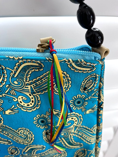 Pineda Covalin Blue Silk Shoulder Handbag Paisley Floral Black Beaded Strap NWT - Picture 12 of 20