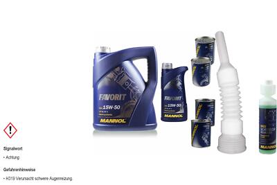 6L MANNOL Motoröl Favorit 15W-50 API SL/CF/CF-4 inkl. Additiv Auslaufschlauch