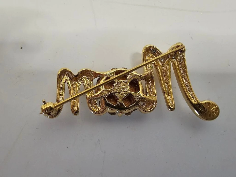 VTG Monet "Mom" Flower Brooch - Gold White Rhinestone - Image 3 of 4