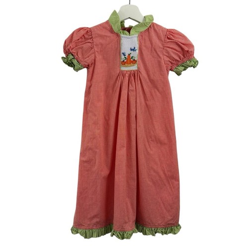 Beaux ET Belles Pink & Green Gingham Pumpkin Smocked Dress Size 5