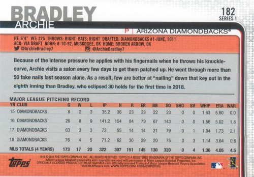 Archie Bradley 2019 Topps Series 1 Baseball MLB Card #182 Arizona Diamondbacks - Picture 2 of 2