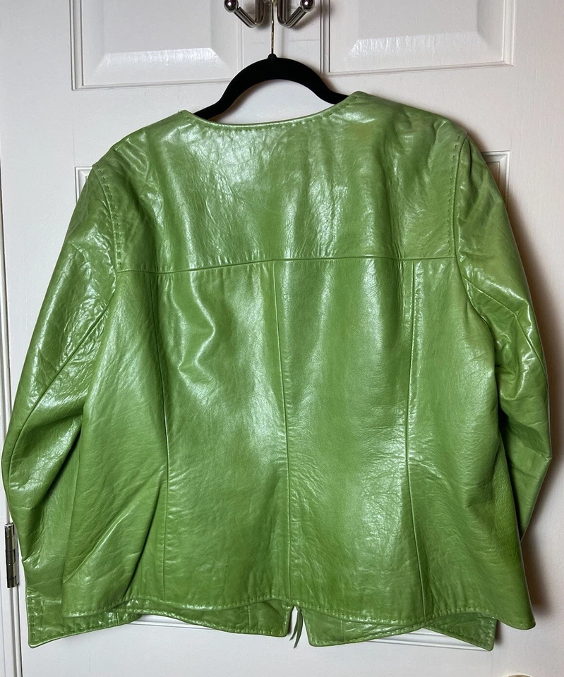 Chaqueta de Cuero Dana Buchman Mujer Kelly Verde Lima Bolsillos Talla 16 Cremallera Frontal Foto 2 de 4