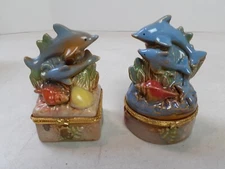Lot Of 2 Baby & Mom Dolphin Hinged Trinket Boxes with Gold Trim Ceramic Gift Box
