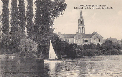 Old postcard MORANNES L' HOPITAL SEEN FROM THE RIGHT BANK OF THE SARTHE
