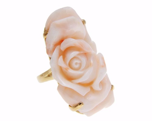 GENUINE NATURAL ANGEL SKIN CORAL CARVED FLOWER RING IN SOLID 14K YELLOW GOLD - 第 2/7 張圖片