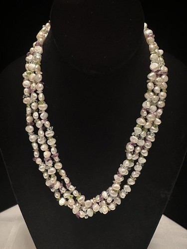 14k Clasp Strand Pearl aquamarine peridot Amethyst Torsade Necklace 99 Grams - Picture 3 of 12