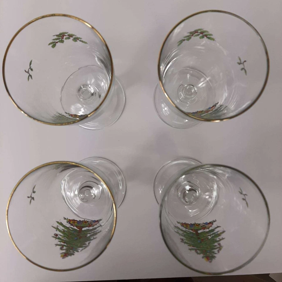 Spode Glass Christmas Tree Pedestal Water Goblets Gold Rim Set of 4 In Box VTG - Image 3 of 4