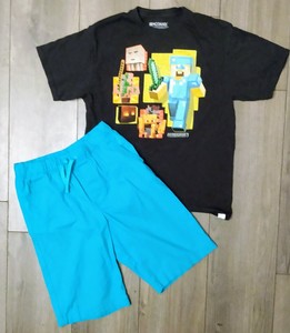 Boy S Minecraft 2 Piece Outfit 14 16 L Xl Black Teal Blue T Shirt Shorts Ebay