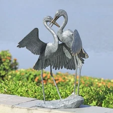 Two Beautiful Elegant Courting Cranes Gentle Embrace Garden Sculpture