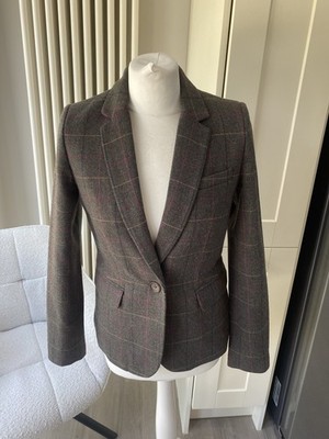 JOULES HORATIA HEATHER BROWN PINK CHECK TWEED WOOL SIZE 8 PARADE BLAZER JACKET