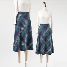 Vintage 70s Navy Plaid Wool Blend A-line Midi Skirt size M