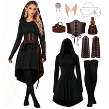 Fairy Renaissance Costume Women Medieval Hooded Elf Dress Set