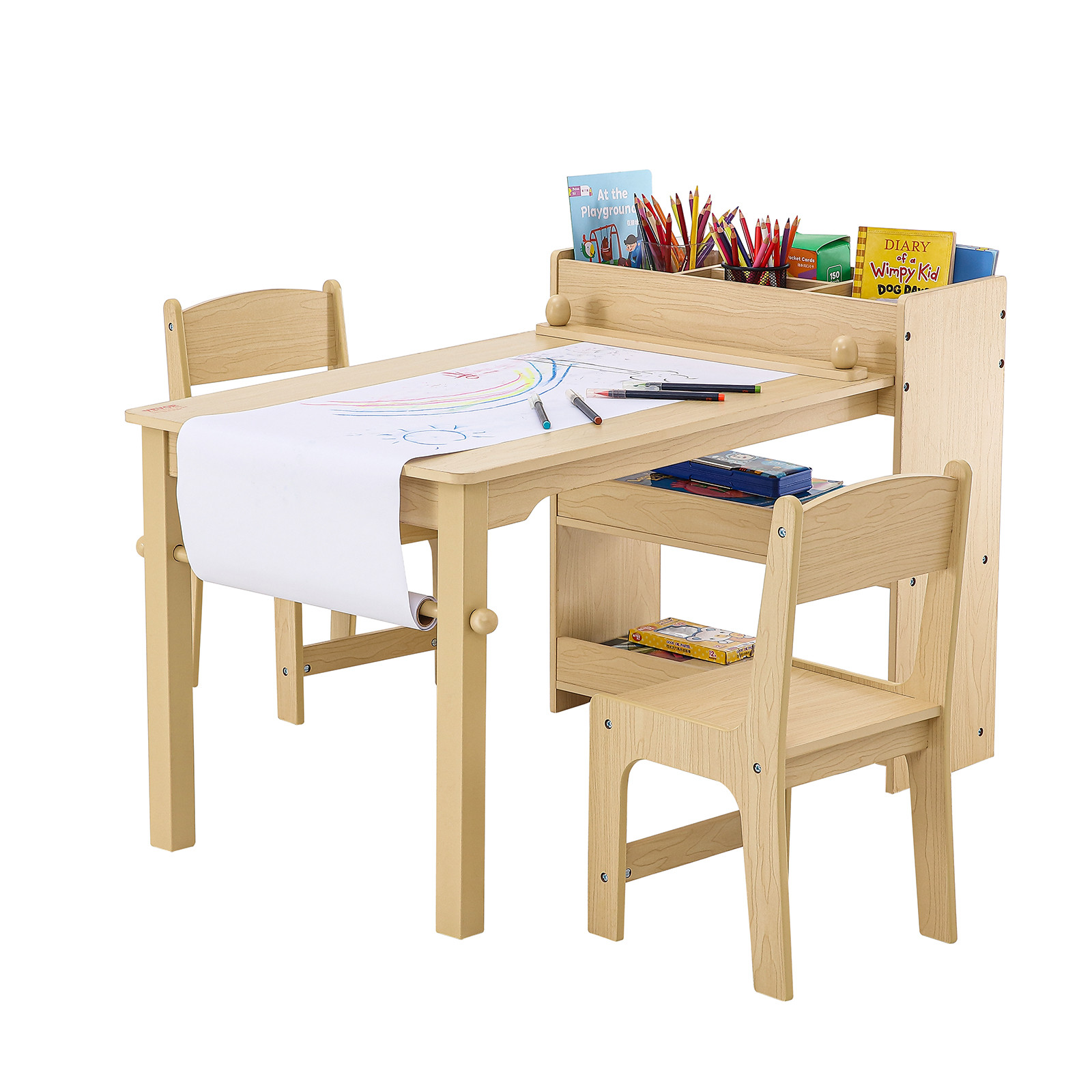 VEVOR Kids Art Table and 2 Chairs Toddler Craft and Play Table with A Cabinet