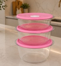Round Clear Pink Plastic Storage Container Set With Snap Lids, 6-Piece