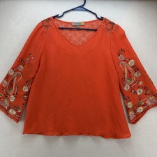 Anthropologie Boho Top M Figueroa  Flower Embroidered Peasant Orange Blouse