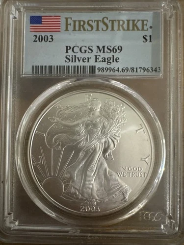 2003 American Silver Eagle 1 Oz .999 Fine Silver First Strike Label PCGS MS69