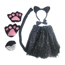 Girls Cat Costume Medium Skirt, Paws, Headband, Tail, Face Mask  Neck Bow Tie
