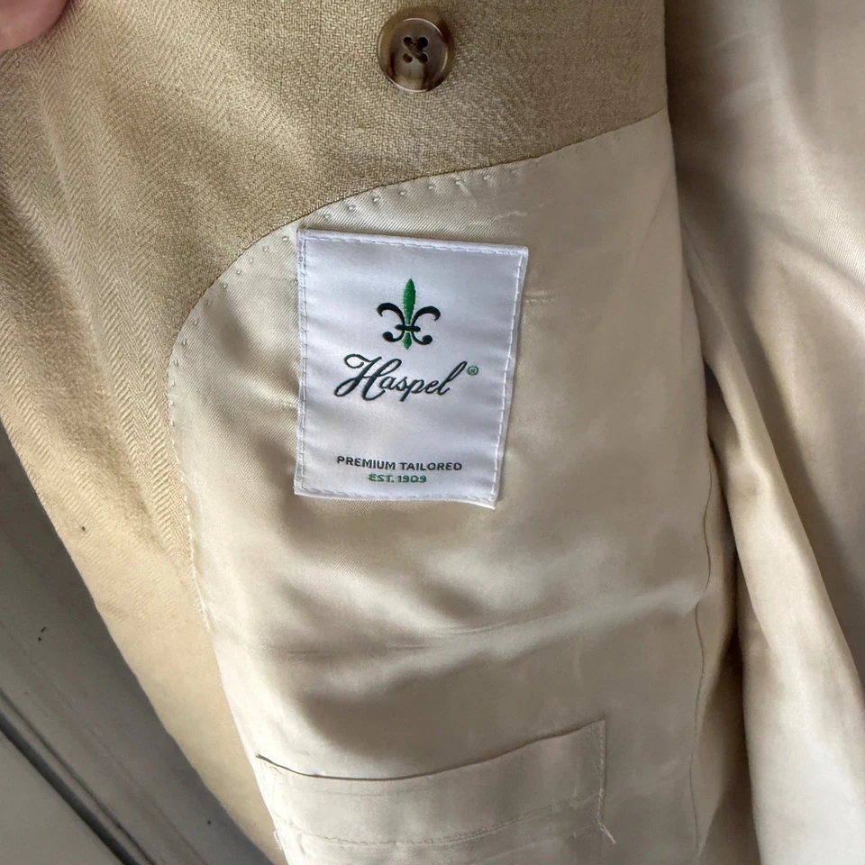 Chaqueta Blazer Abrigo Deportivo Haspel Para Hombres Tostado Lana Espiga Bambú Mezcla Seda 44R Foto 3 de 4