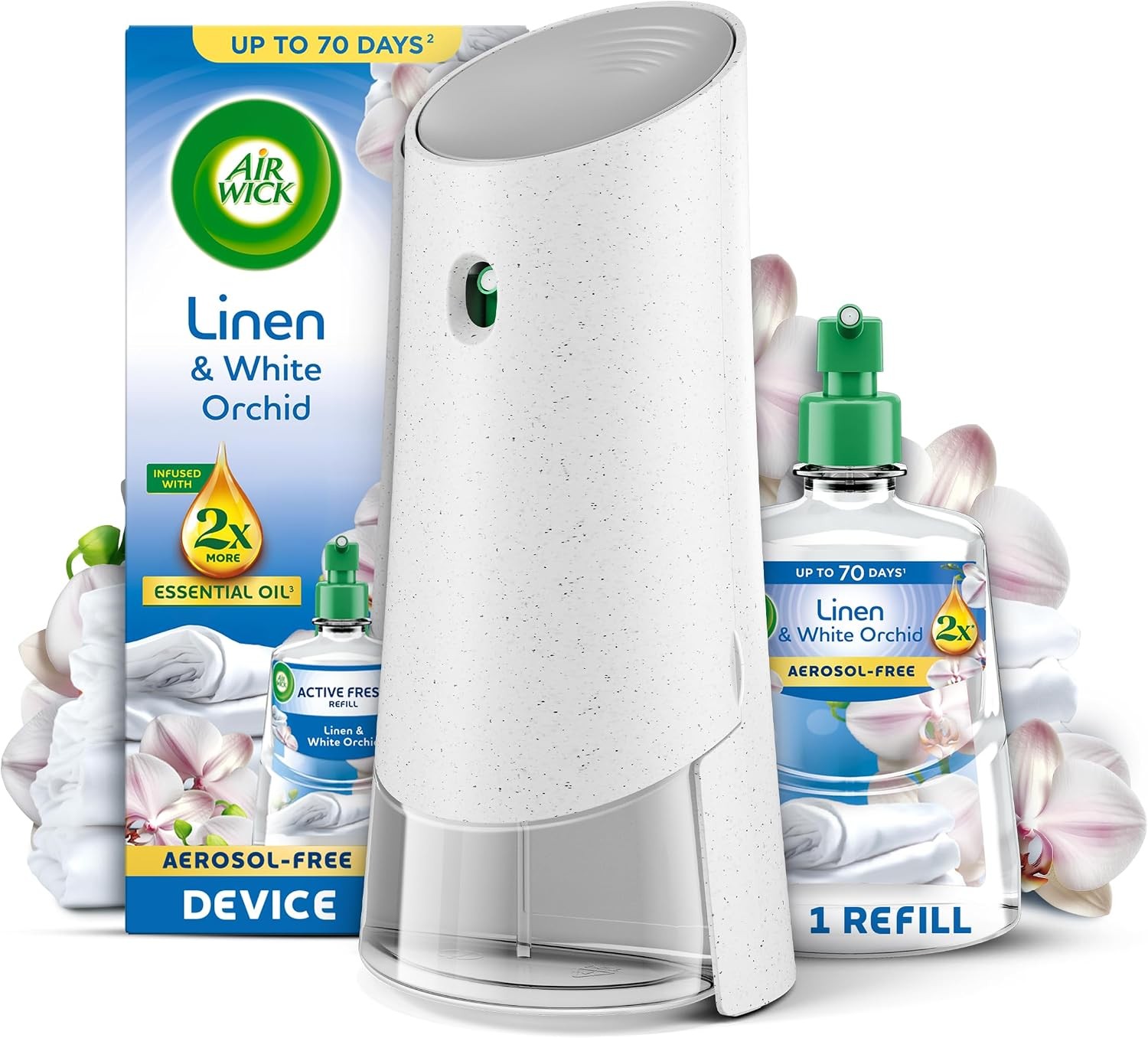 Air Wick Active Fresh 24/7 Automatic Spray Diffuser Unit + Linen & White Orchid Refill 228Ml - Image 4