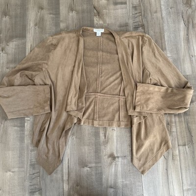 Katherine Barclay Faux Suede Cardigan Women XL Tan Cropped Open Waterfall