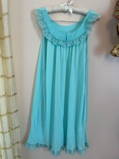 Vintage Aqua Blue Nylon Nightgown Lace Trim Women  s Size Large