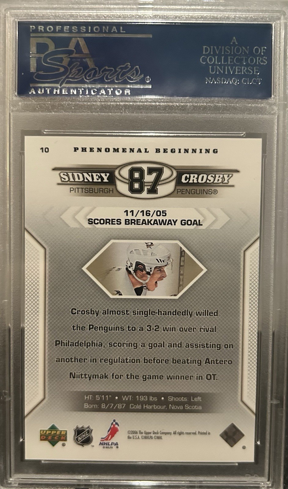 2006 Upper Deck Sidney Crosby Phenomenal Beginnings # 10 - PSA 10 view 2