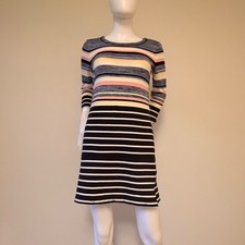 T by Talbots Women's Striped Knit Dress  Navy Pink Yellow French Terry Size PP