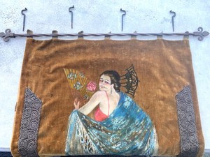 Vintage Spanish Dancer Painted Tapestry Velvet Wall Hanging w/ Hardware