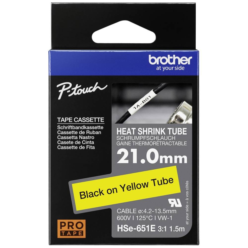 Ruban thermorétractable Brother HSe651E 21 mm haute performance jaune noir