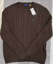 NWT Polo Ralph Lauren Solid BROWN 100 Cotton Cable Knit Crewneck Sweater