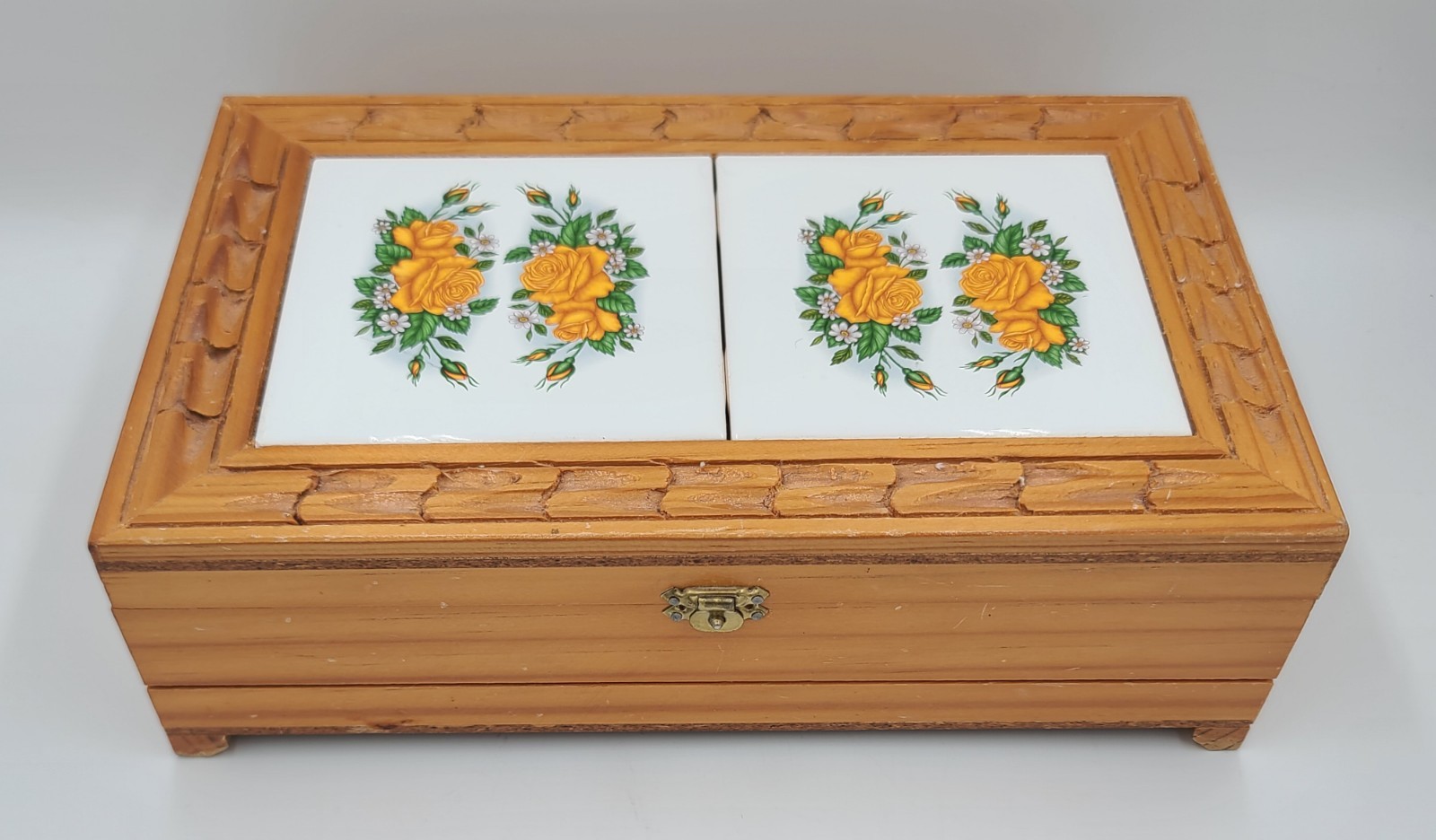 Vtg Hand Carved Wood Jewelry Box With 2 yellow Floral Ceramic Tiles