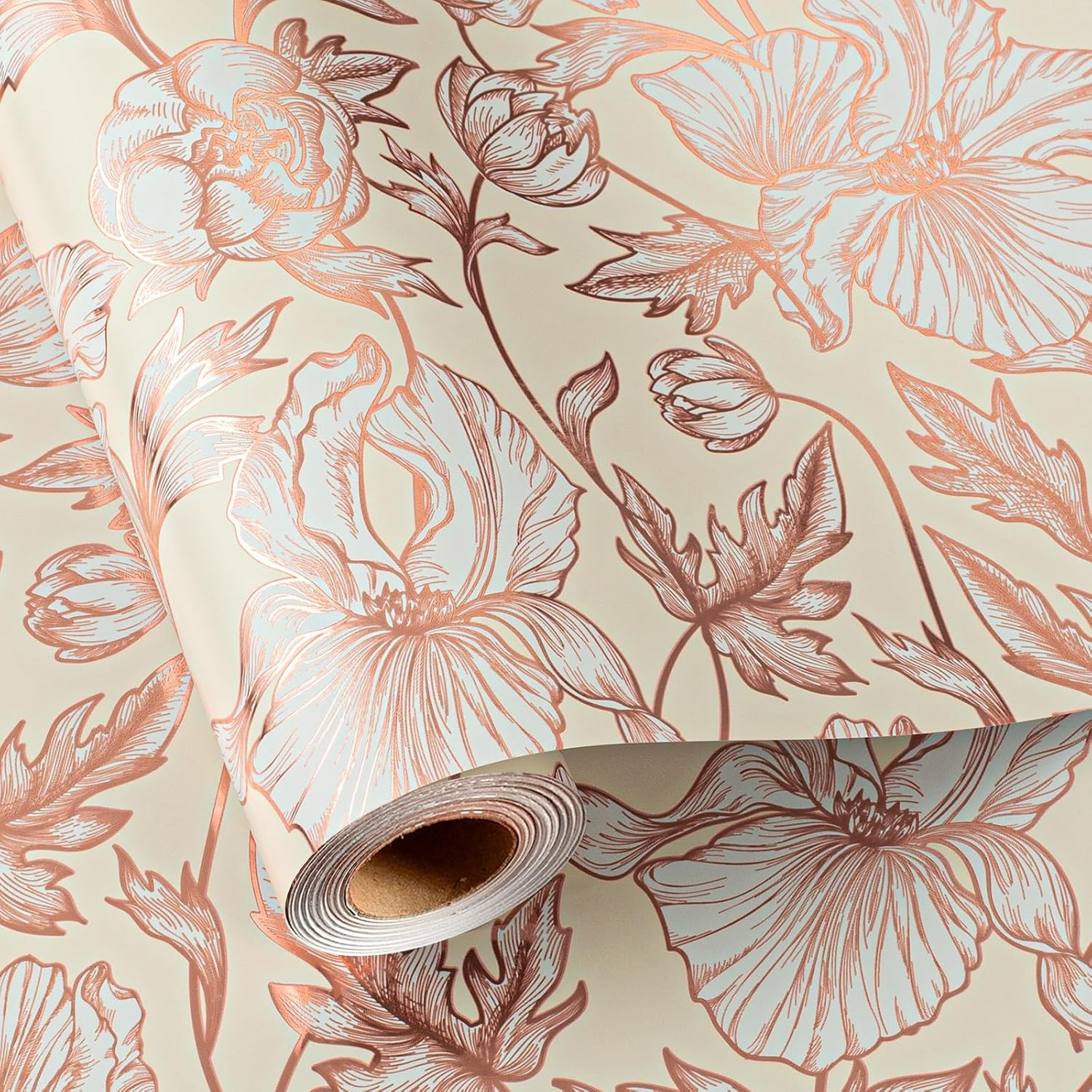Roll - Rose Gold Flower Gift Wrap With Metallic Foil For M