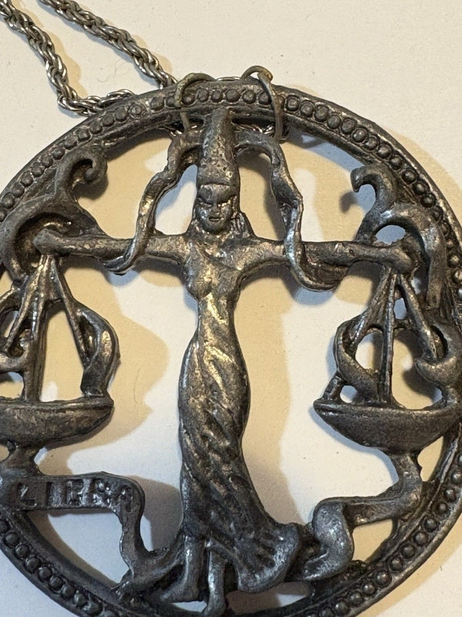 Vintage 1960s  Venus  Zodiac Astrology Pendant Pewter Necklace Balance Scales View 3