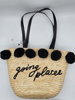NEW WITH TAGS Tickled Pink Going Places Pom Pom Wicker Bag