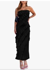 Fashion Womens Elegant Black Ruffled Strapless Maxi Dress Size Large Party