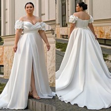 Plus Size Satin Pearls Wedding Dresses Off Shoulder Flower A-Line Bridal Gowns