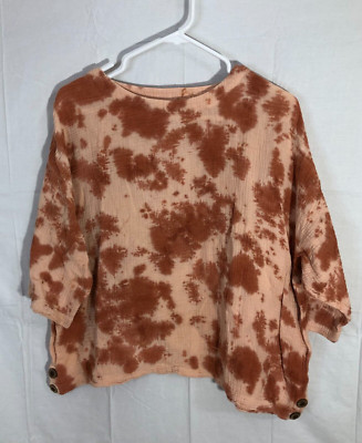 Pure Jill Top Womens Sz S Rust Peach Boxy Gauzy Cotton Tie Dye Side Buttons