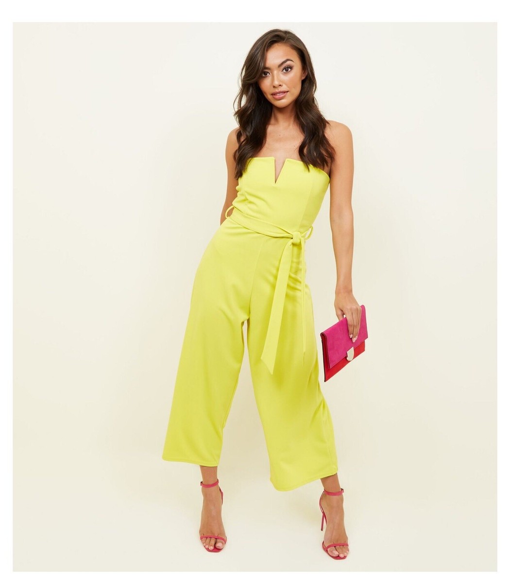 New Look Light Green/yellow Notch Neck Bandeau Wise Leg Culotte Jumpsuit  Size