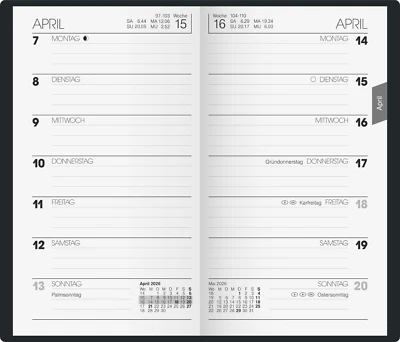 Brunnen Taschenkalender 2026 Wochenkalender 9x15cm Modell 758 Einband Schwarz