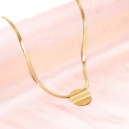 18k Gold Plated Round Disc Herringbone Chain Necklace Pendant - Picture 2 of 5