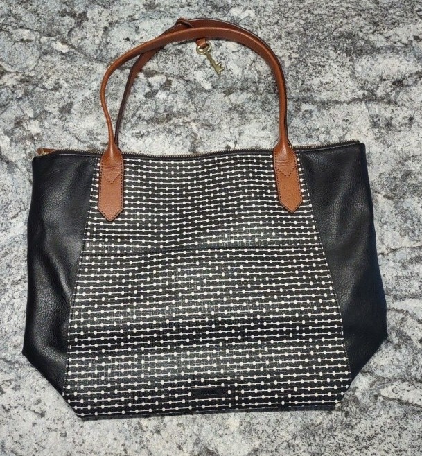 FOSSIL Brown And Black Leather Carryall Tote Bag Shoulder 