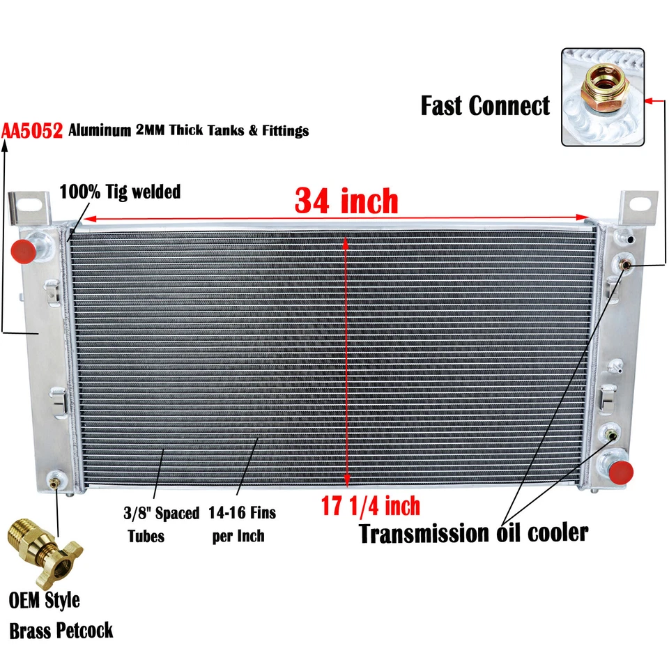 4-ROW 34" Radiator Shroud Fan For 99-14 2002 Chevrolet Silverado 1500 2500 Yukon - Изображение 3 из 4