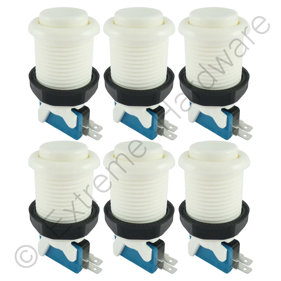 EXTREME HARDWARE 6 x Happ Style 28mm Round Classic Arcade Buttons & Microswitches (White) - MAME