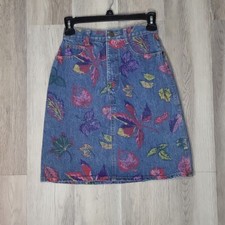 Vintage High Waist Denim Blue Jean Skirt Colorful Leaves Womens Size 5