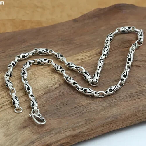 Solid 925 Sterling Thai Silver Hollow Bucket Knot Chain Men's