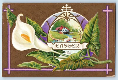 1912 Easter Lily Flower Mill Boat Scene Embossed Greenfield Iowa IA Postcard