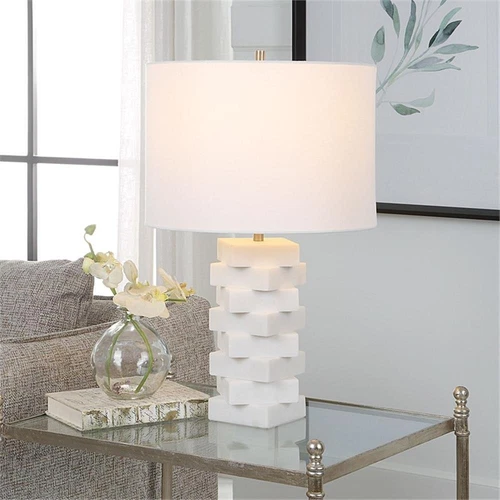 Uttermost Ascent Contemporary Rice Stone and Linen Geometric Table Lamp in White - Picture 2 of 7