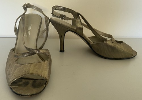 Taranto International 7.5 Beige Gold Speckled Leather Peep Toe Slingback Heels - Picture 2 of 17