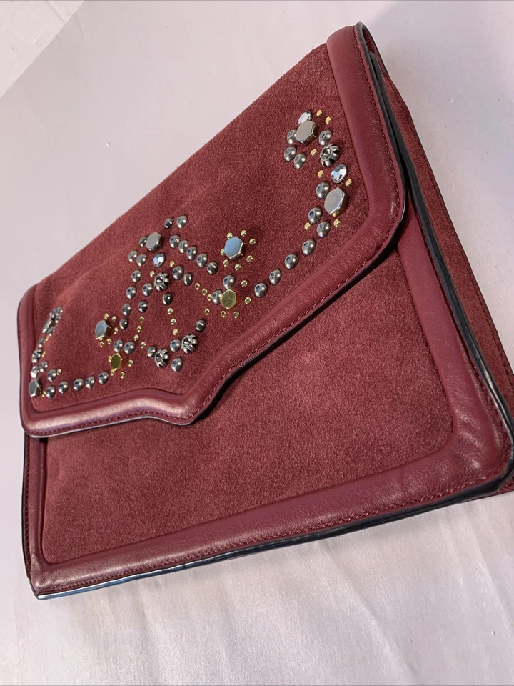 BOLSO CLUTCH REBECCA MINKOFF CUERO BORGOÑA Y GAMUZA. EXCELENTE ESTADO Foto 2 de 4